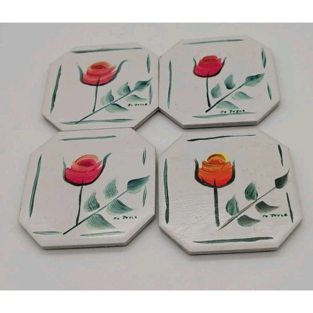 4 Vtg Jo Joyce Hand-painted Tile Coasters Rose Tulip Floral Grandma Core Cottage